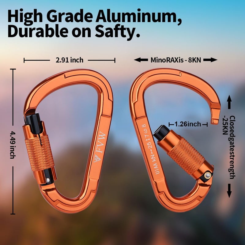 FVW Auto Locking Rock Climbing Carabiner Clips,Professional 25KN (5620 lbs) Heavy Duty Caribeaners for Rappelling Swing Rescue & Gym etc, Large D-Shaped Carabiners - Image 2
